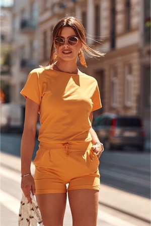 Sırtı V Yaka Kurdeleli Beli Bağcıklı Şortlu Tulum