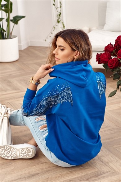 Taş İşlemeli Kanat Detaylı Kapüşonlu Kadın Sweatshirt