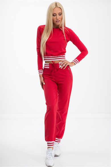 Triko Şeritli Ribana ve Fermuar Detaylı Kadın İkili Takım