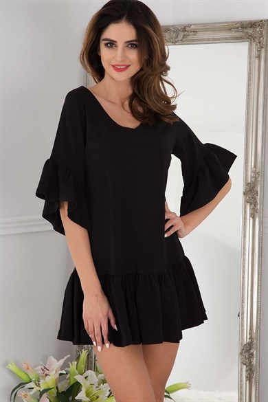 V Yaka Büzgülü Elbise