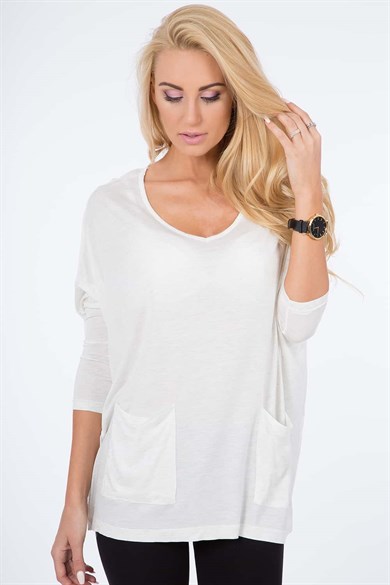 V Yaka Simli Cep Detaylı Uzun Kollu Bluz
