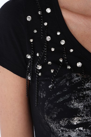 Varak Baskılı Bluz Siyah