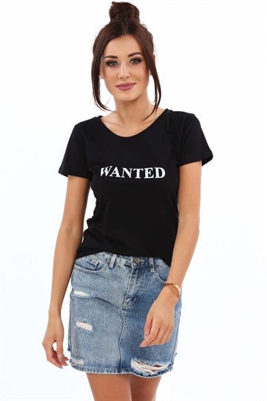 Wanted Baskılı Bisiklet Yaka Kadın Tişört