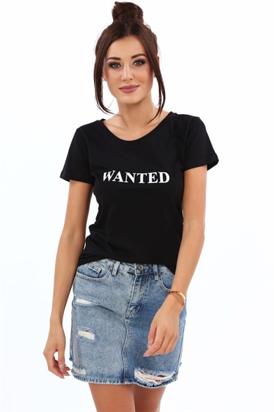 Wanted Baskılı Bisiklet Yaka Kadın Tişört