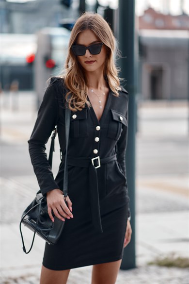 Yakalı Apolet ve Cep Detaylı Kemerli Mini Elbise