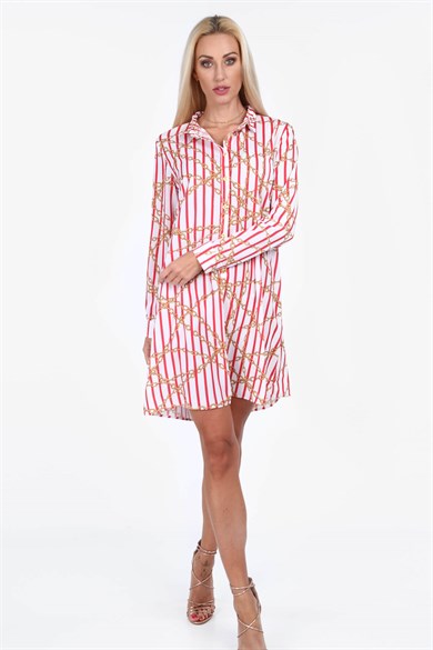 Zincir Desenli Çizgili Mini Elbise