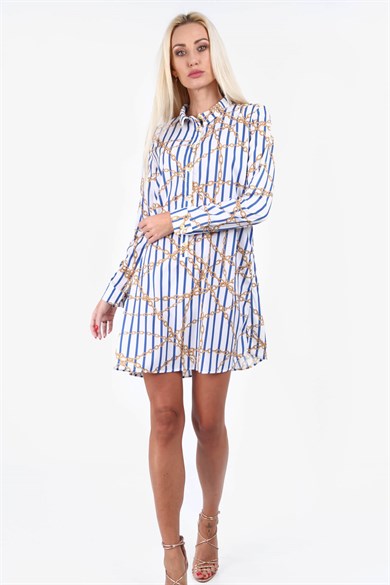 Zincir Desenli Çizgili Mini Elbise