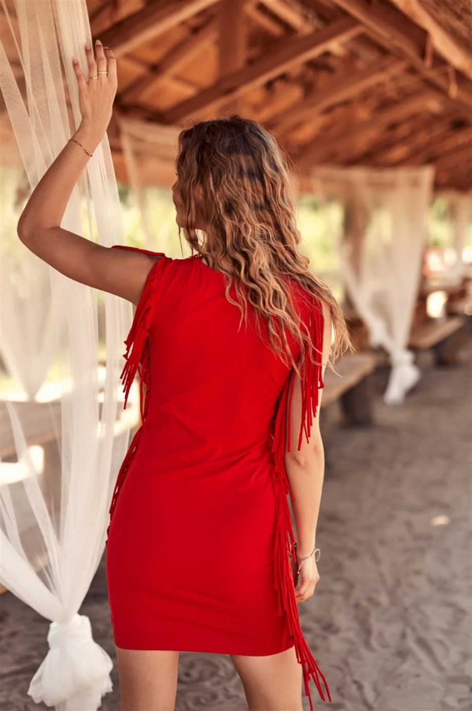 Kırmızı Yanları Püsküllü Elbise | FK604 | Elbise | Fasardi Kalitesiyle |  #seninmodan Fasardi.Com.Tr | En Trend Bayan Giyim - Kadın Giyim Modelleri ♥  Online Alışveriş - Kapıda Ödeme - En Uygun