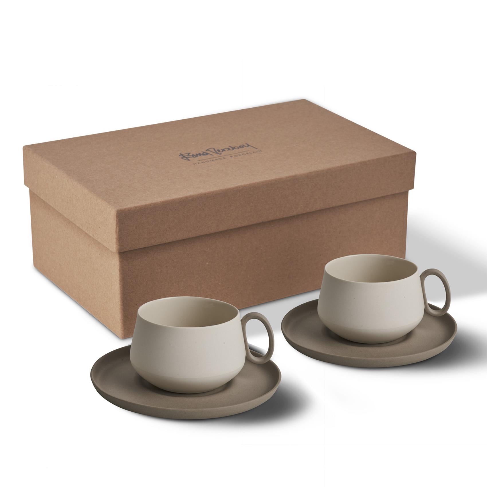 Set Tube Çay Fincanı Tabaklı 2'Li  Fildişi-Taş Parlak Mat