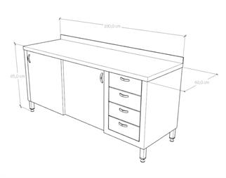 Çalışma Tezgahı Dolaplı Sürgü Kapaklı Dört Çekmeceli, Inox 430, 180x60x85 Cm