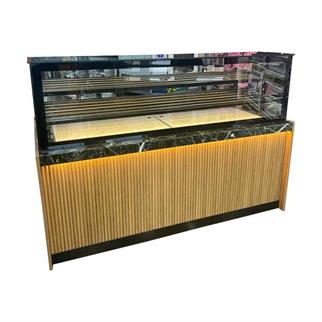 Ydg Vitrin Tip Börek Teşhir Tezgahı, Isıtmalı, Ahşap Dekor, 200x90x140 cm