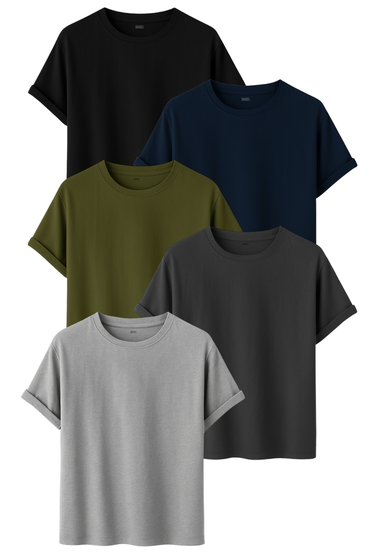 5'li Erkek Basic Tişört Paketi – Siyah, Lacivert, Haki, Gri, Füme – %100 Pamuk