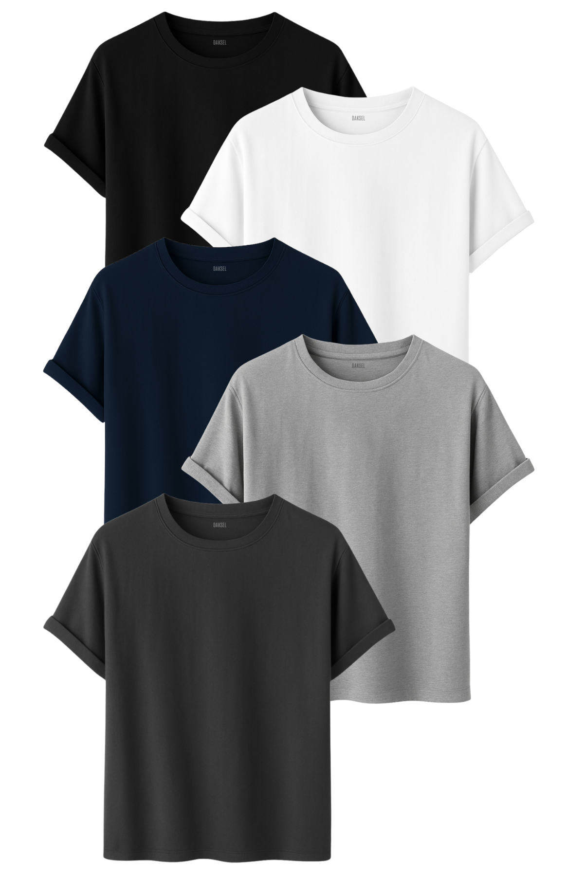 5'li Erkek Basic Tişört Seti – Siyah, Beyaz, Lacivert, Gri, Füme – %100 Pamuk
