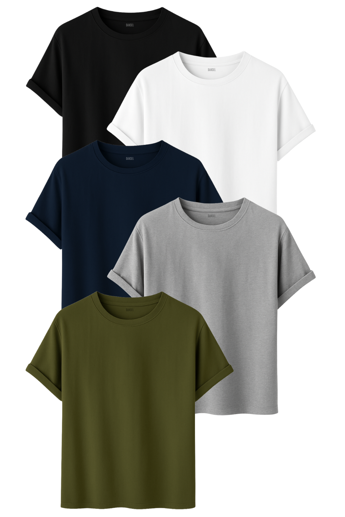 5'li Erkek Basic Tişört Seti – Siyah, Beyaz, Lacivert, Gri, Haki – %100 Pamuk