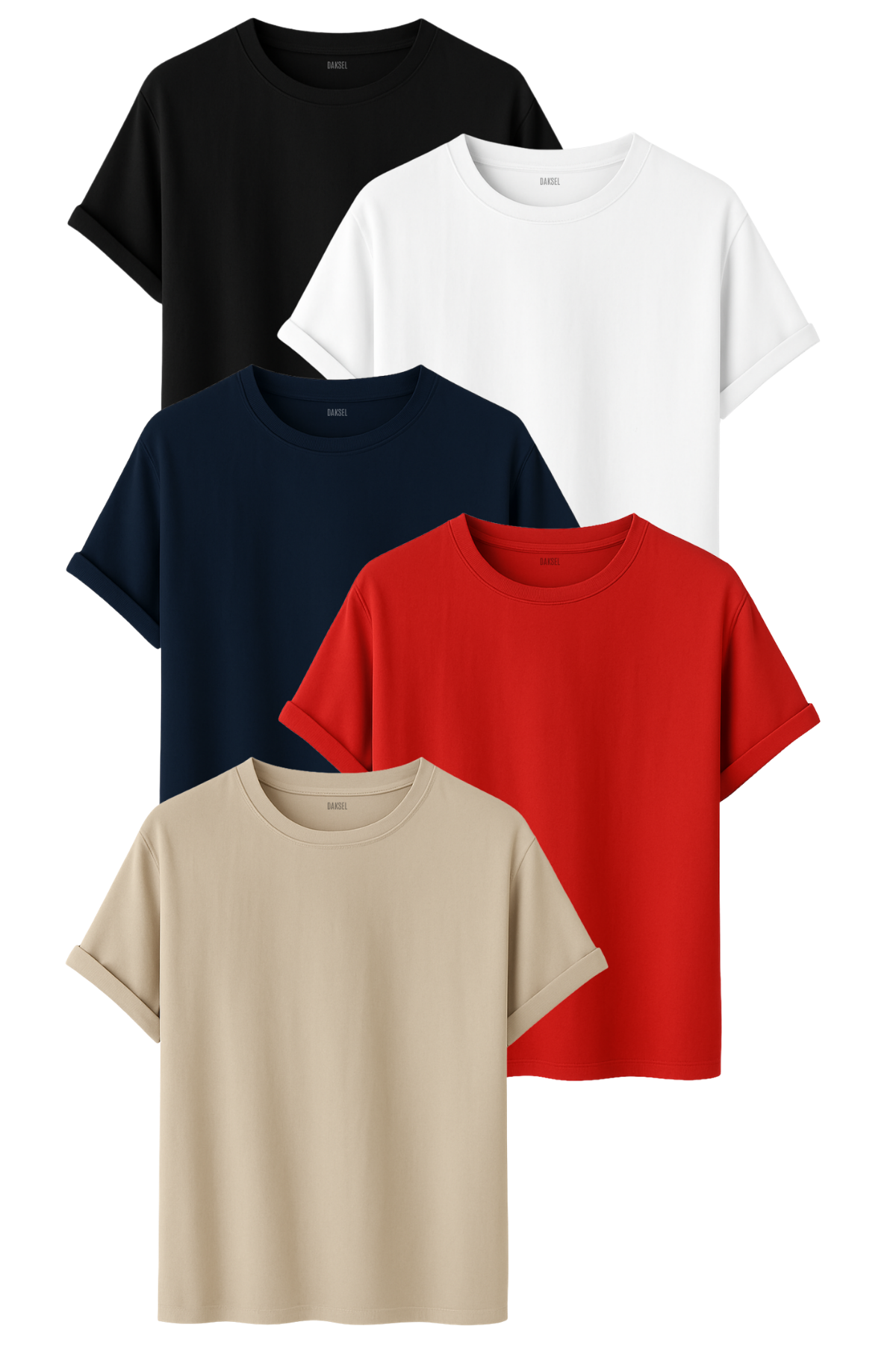 5'li Erkek Basic Tişört Seti – Siyah, Beyaz, Lacivert, Taş, Kırmızı – %100 Pamuk