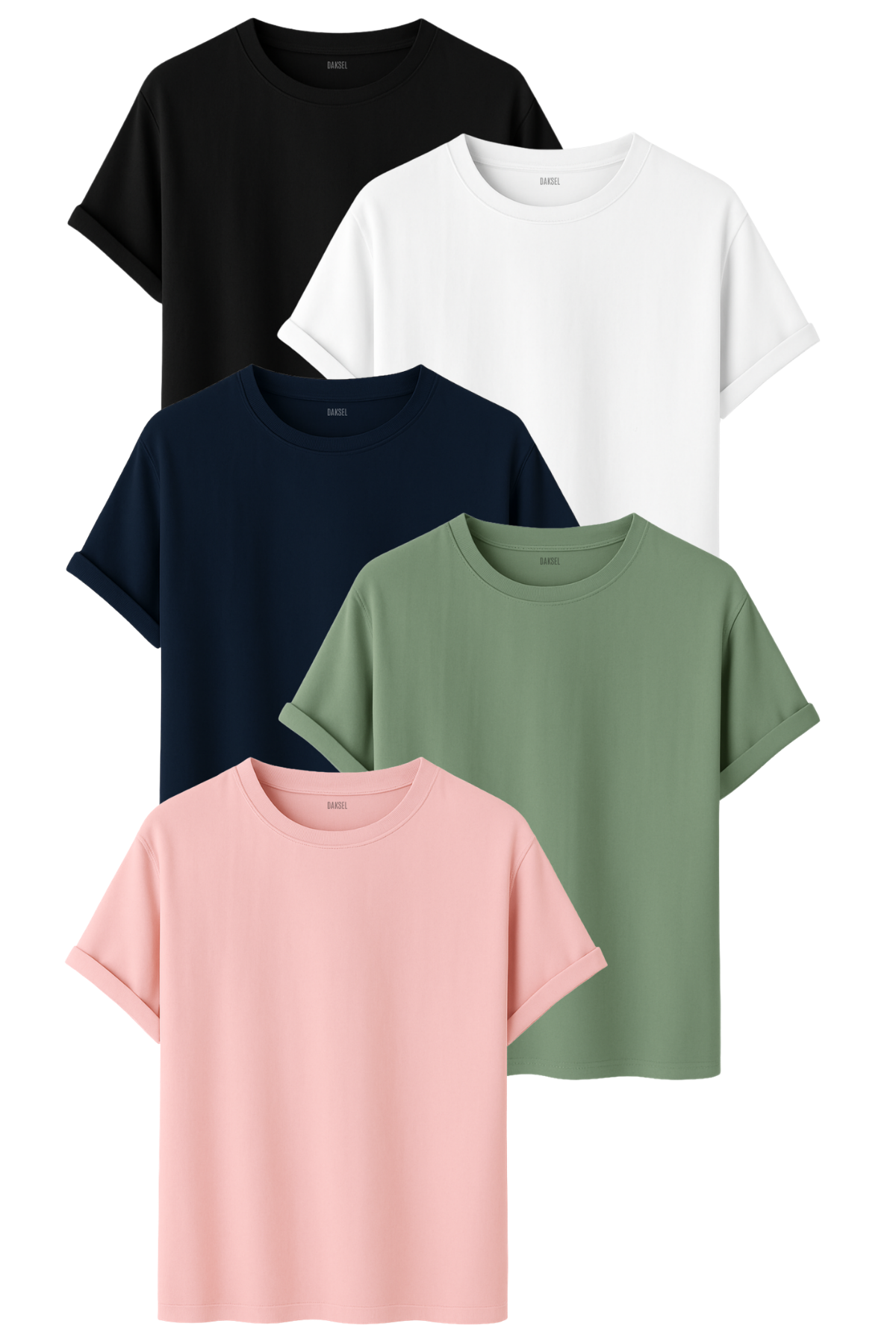 5'li Erkek Basic Tişört Seti – Siyah, Beyaz, Lacivert, Pudra, Çağla – %100 Pamuk