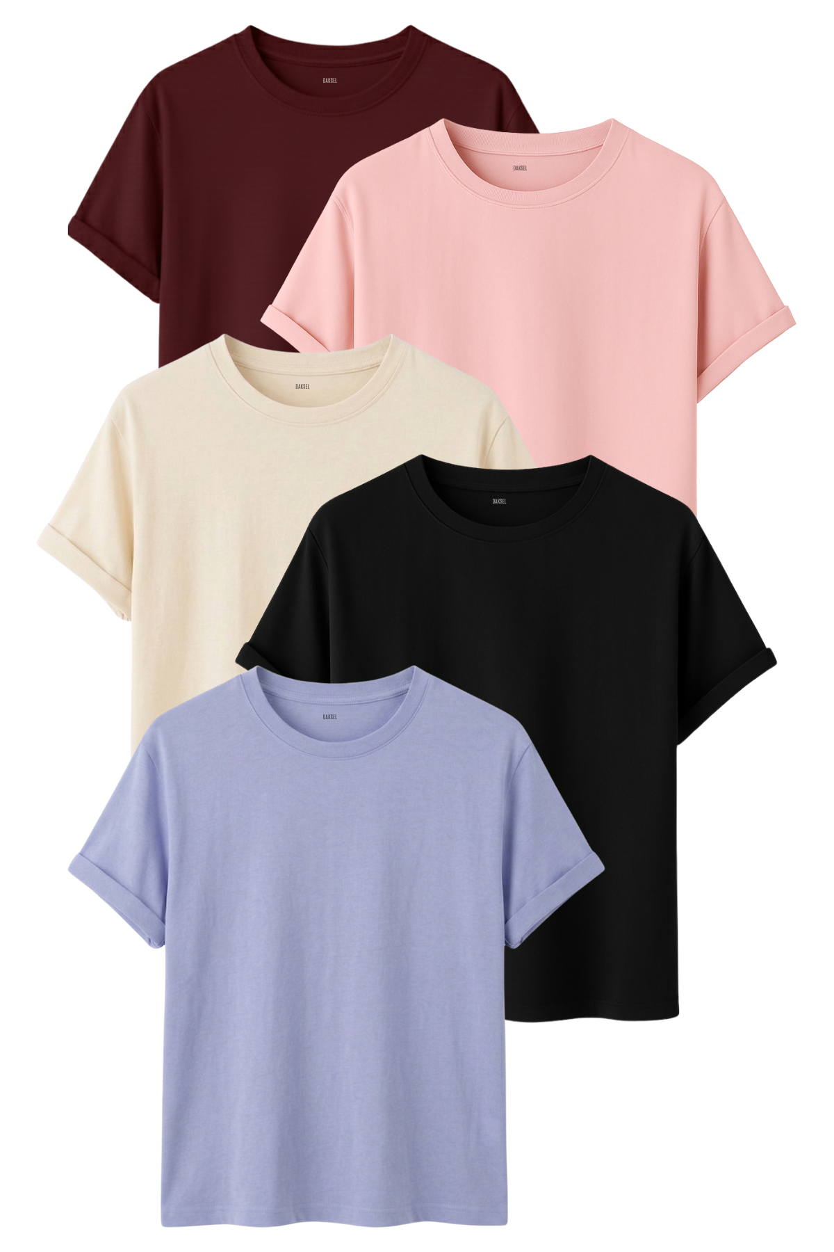 Premium Kadın 5'li Basic Tişört Seti - %100 Pamuklu ve Standart Kalıp