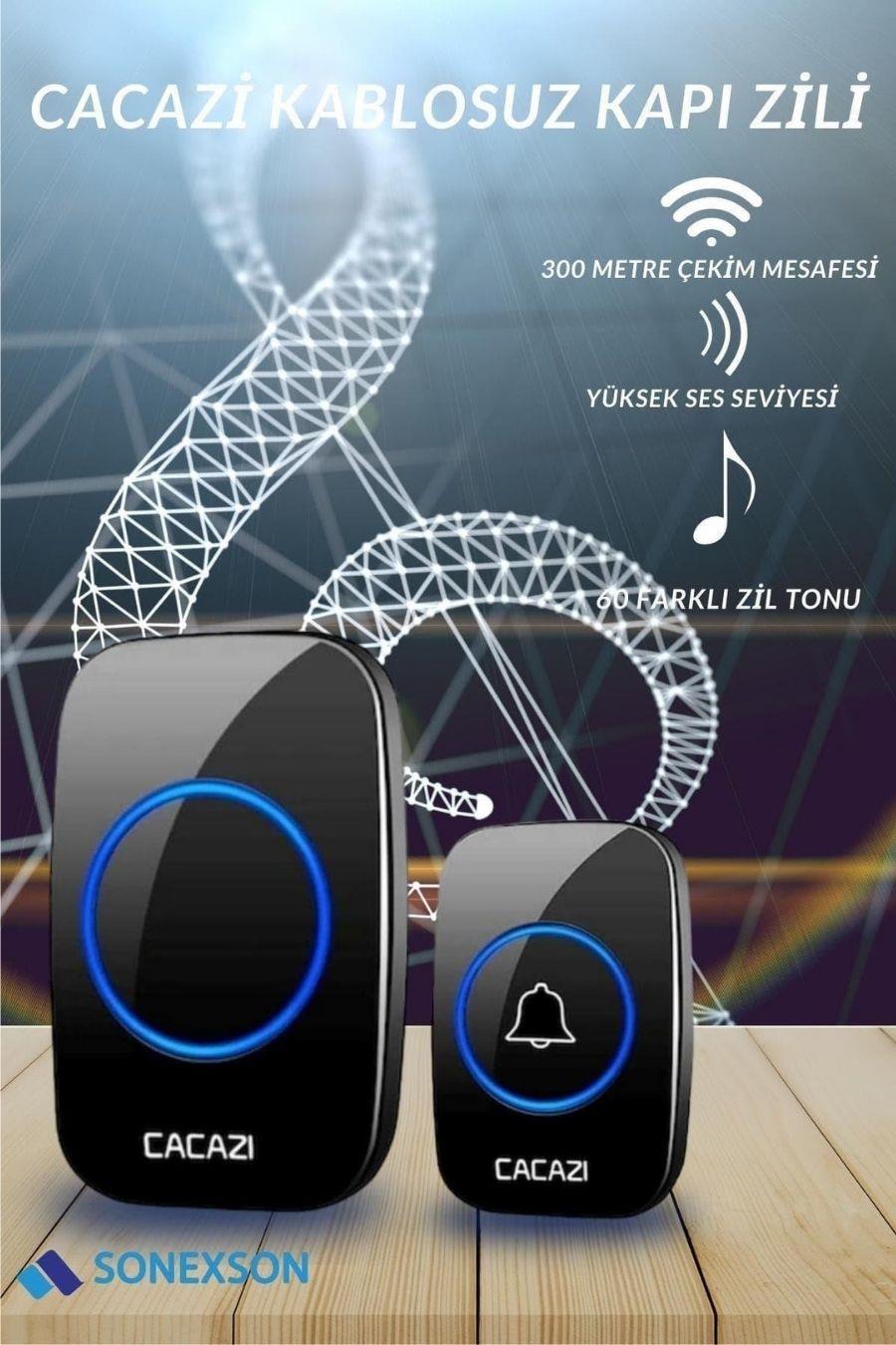 Cacazi kablosuz kapı zili 2 butonlu, 300 metre çekim mesafesi, yüksek ses seviyesi, 60 farklı zil tonu