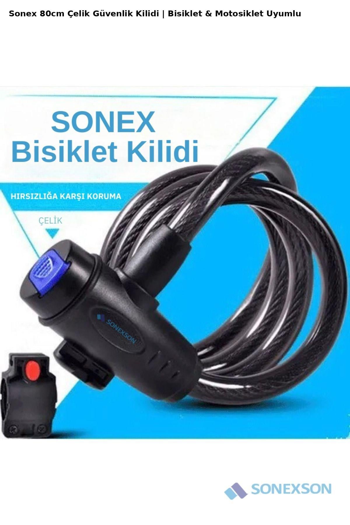 Sonex Anahtarlı Çelik Güvenlik Kilidi – 80 cm Bisiklet, Motosiklet ve Bebek Arabası Uyumlu