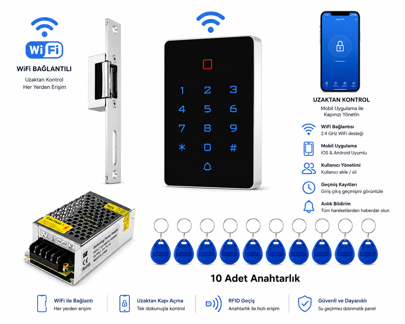 Tuya Akıllı Kapı Kilidi + Bas Aç Kilit Karşılığı + Adaptör + 10 Proximity Anahtarlık