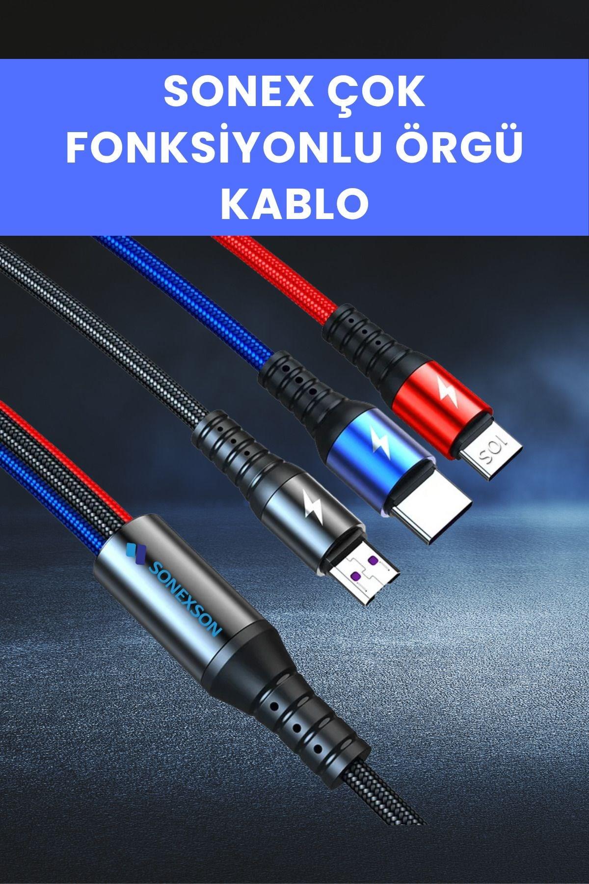 Sonex 3'ü 1 Arada Hızlı Şarj Kablosu – Type-C, Micro USB, Lightning – Örgü Kablo