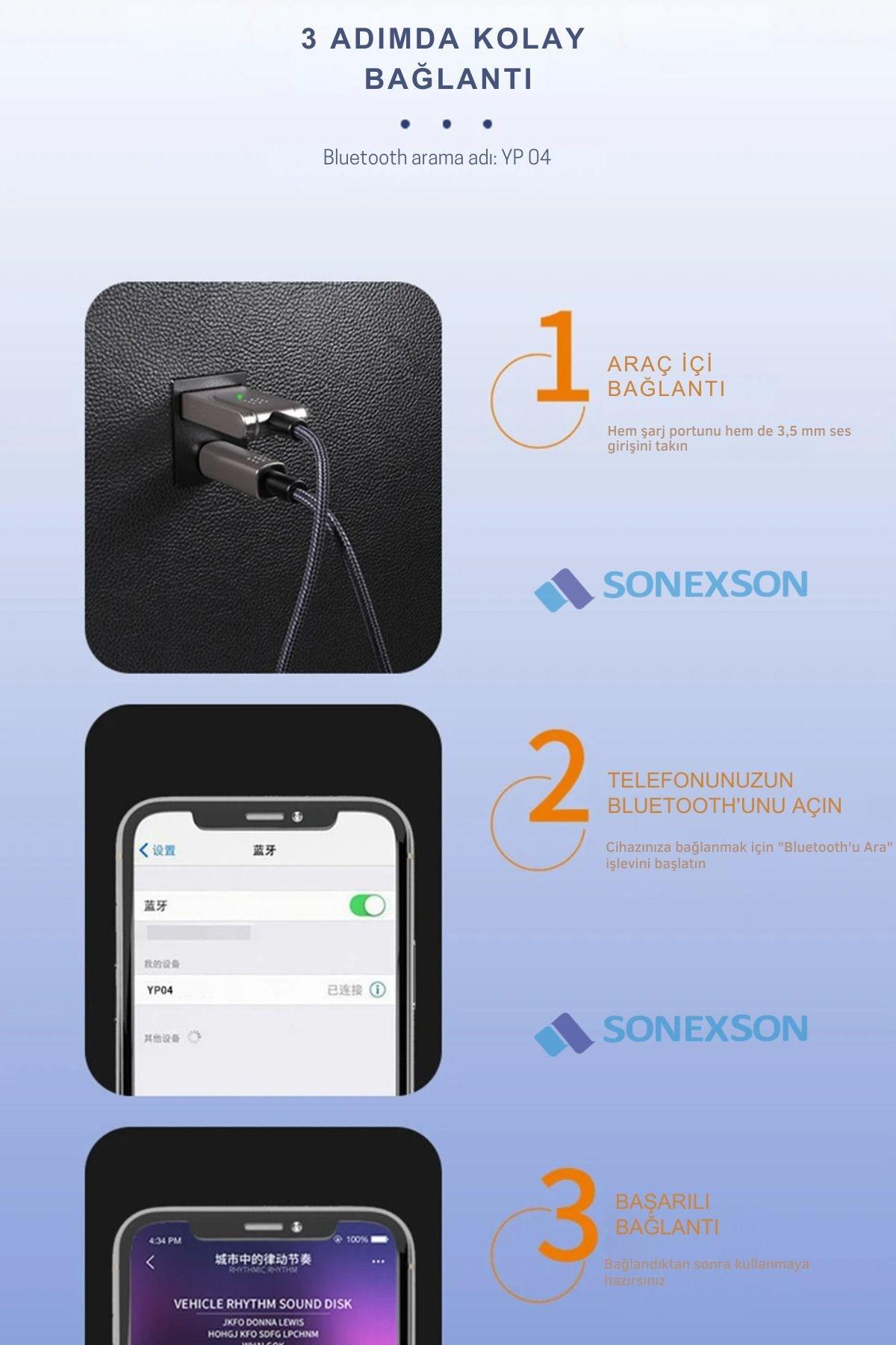 Sonex Bluetooth Araç Kiti – Kablosuz AUX USB Bağlantı, Bluetooth