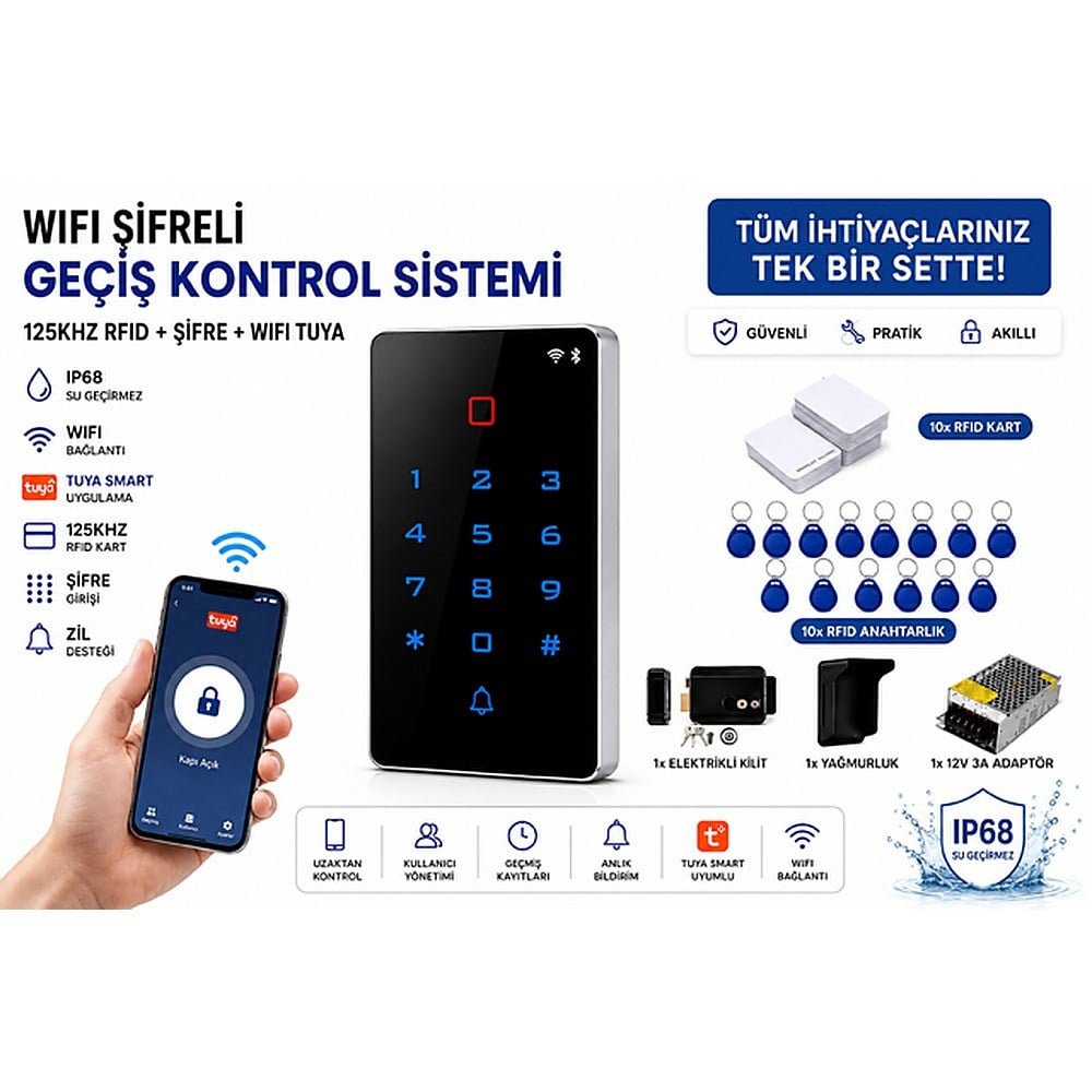Su Geçirmez Kartlı, RFID Tag ve Şifreli Geçiş Kontrol Sistemi – Tuya WiFi Destekli