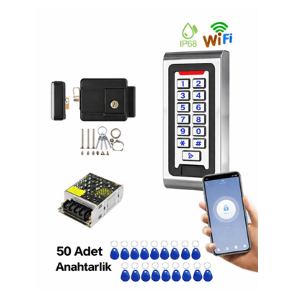  Şifreli Kapı Kilidi + Apartman Kapı Otomatı + Adaptör + 50 Proximity Tag  - Su Geçirmez 
