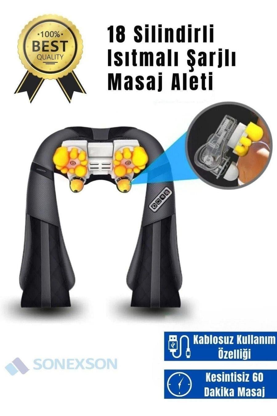 18 silindirli ısıtmalı şarjlı masaj aleti – kablosuz kullanım – boyun ve sırt masaj cihazı