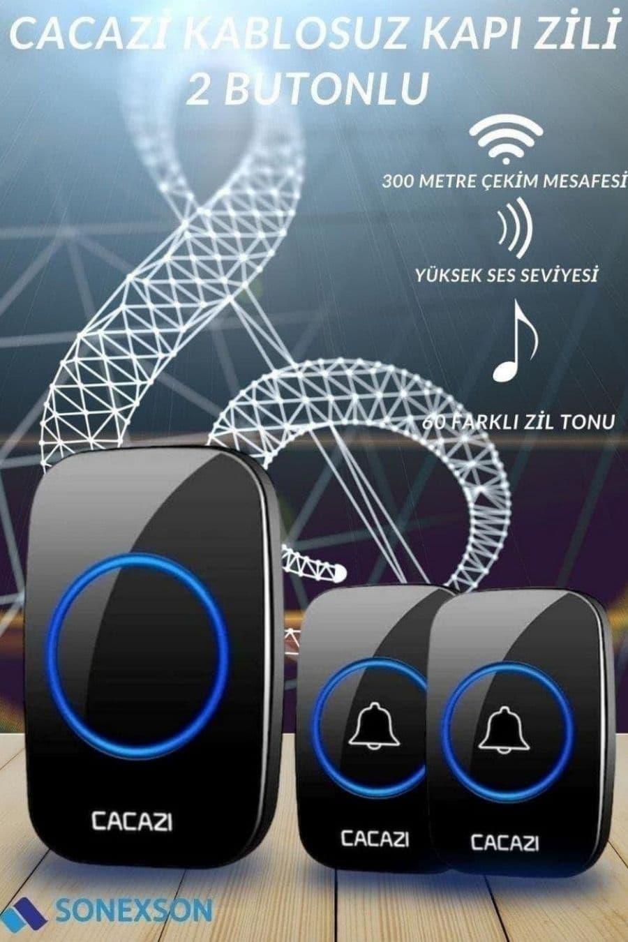Cacazi kablosuz kapı zili 2 butonlu – 300 metre çekim mesafesi – 60 farklı zil tonu – yüksek ses seviyesi