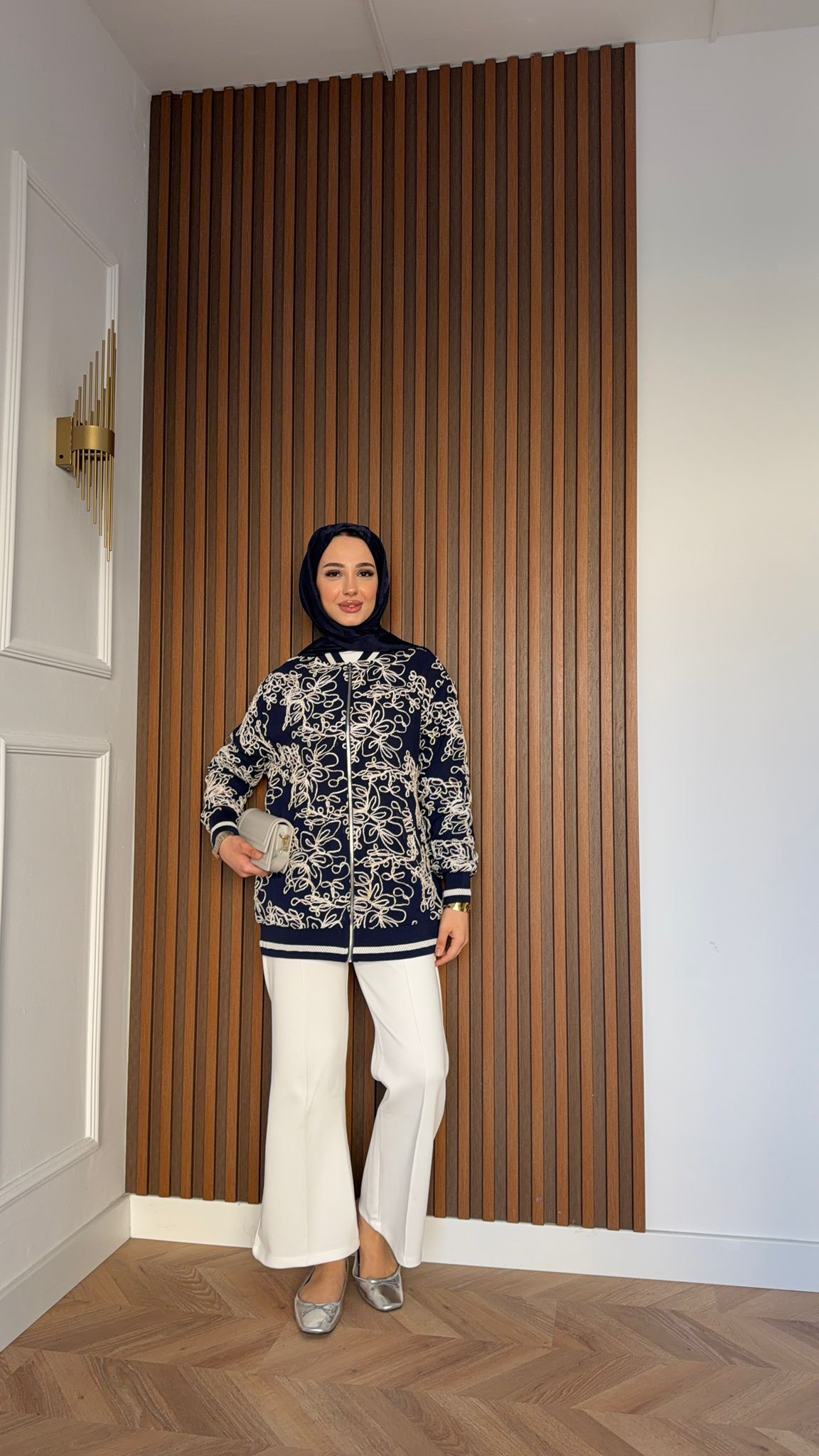 MEYSA JACKETS Nakışlı Şifon Fermuar Detaylı Ceket Lacivert