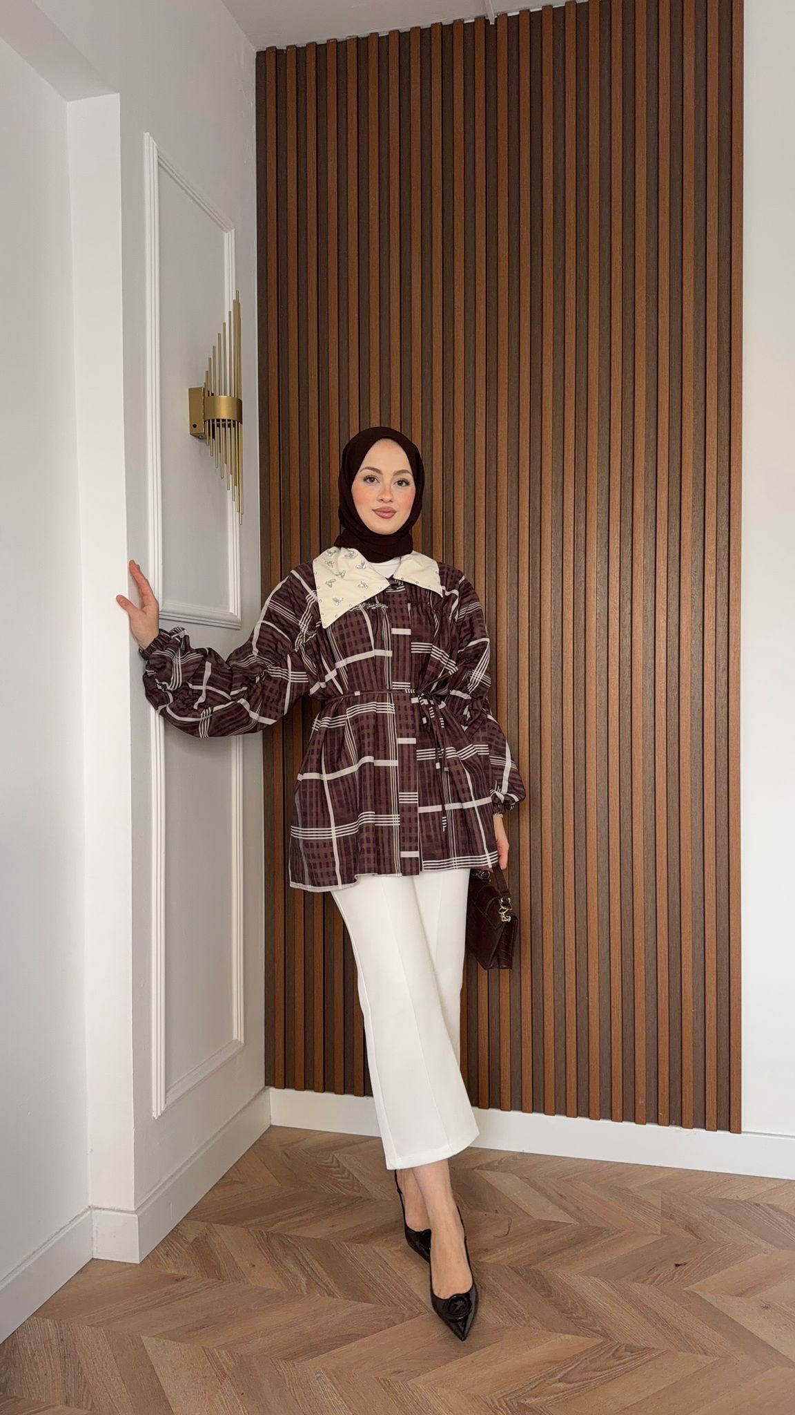 MEYSA JACKETS Yaka Detaylı Ekoseli Ceket Kahve