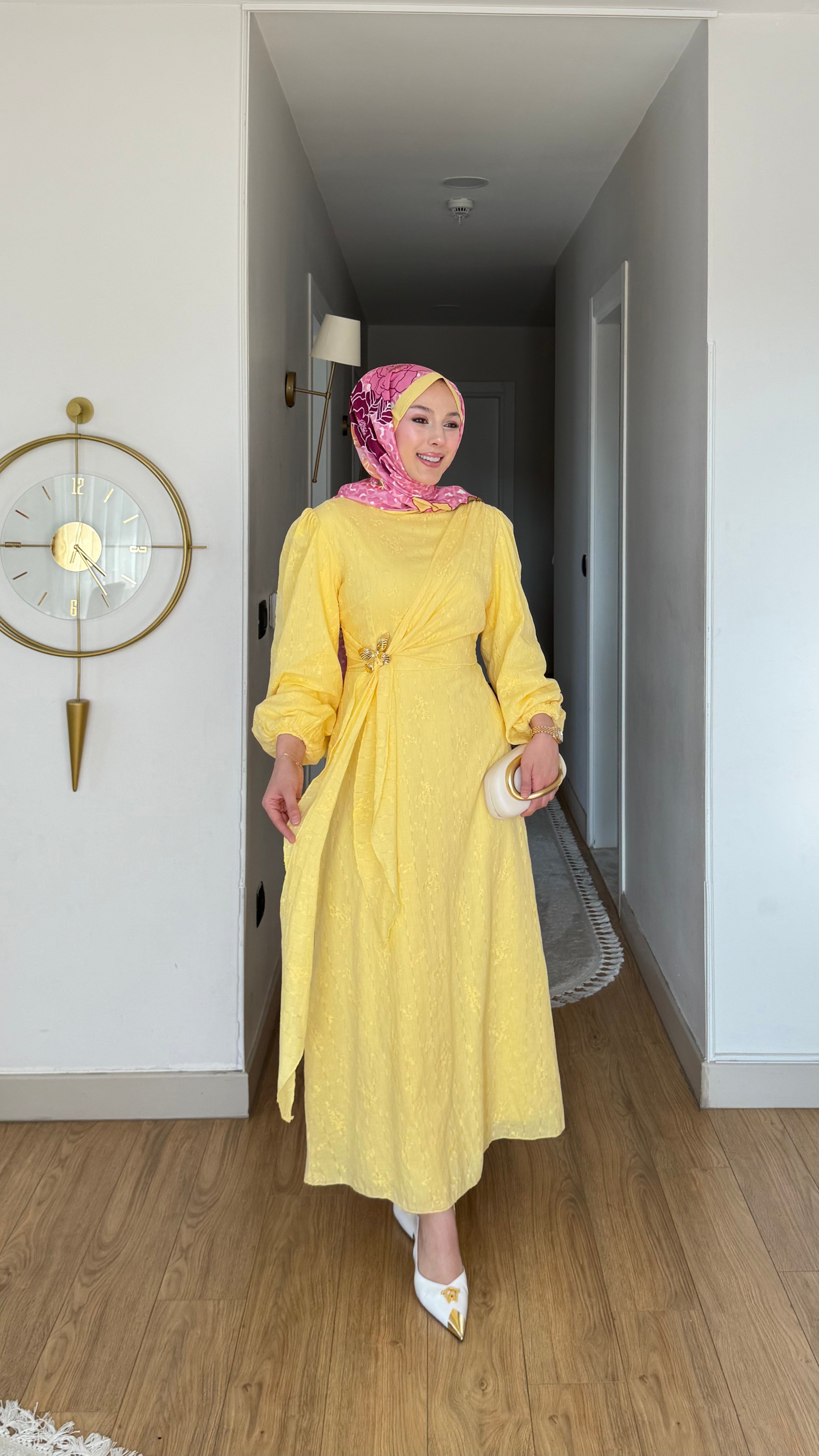 MEYSA DRESSES Kelebek Motifli Dantel Elbise Sarı