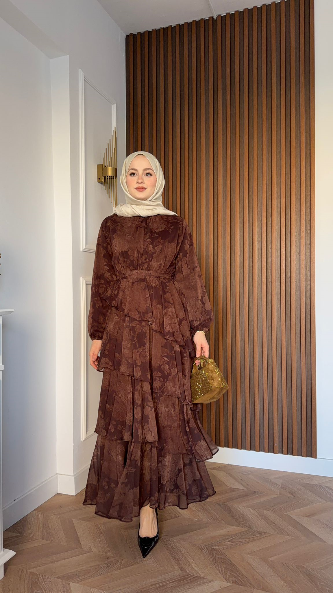 MEYSA ELBİSELER Roman Katkat Şifon Elbise Kahve