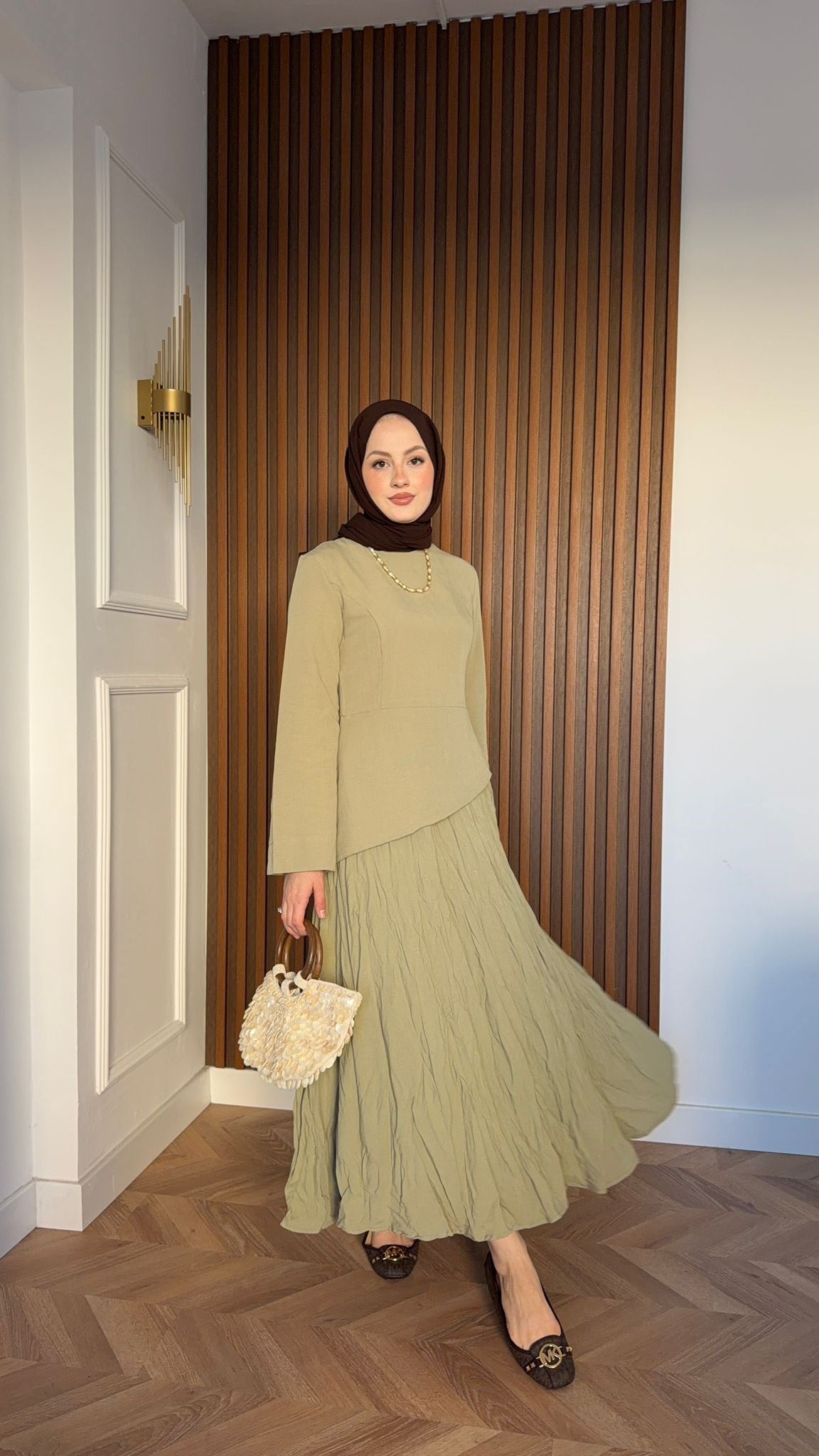 MEYSA SKIRT SETS Asimetrik Keten Etekli Takım Haki