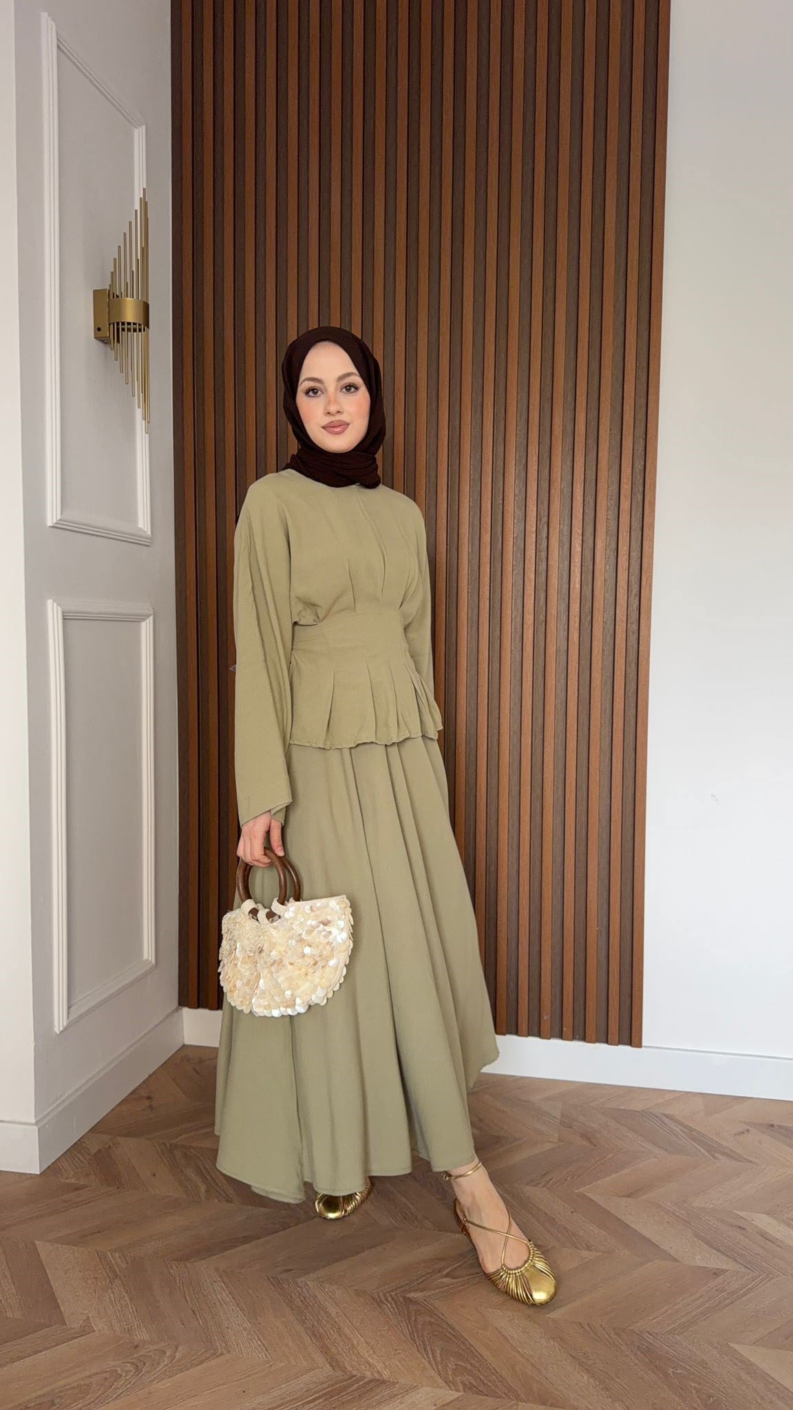 MEYSA SKIRT SETS Beli Pensli Keten Etekli Takım Haki