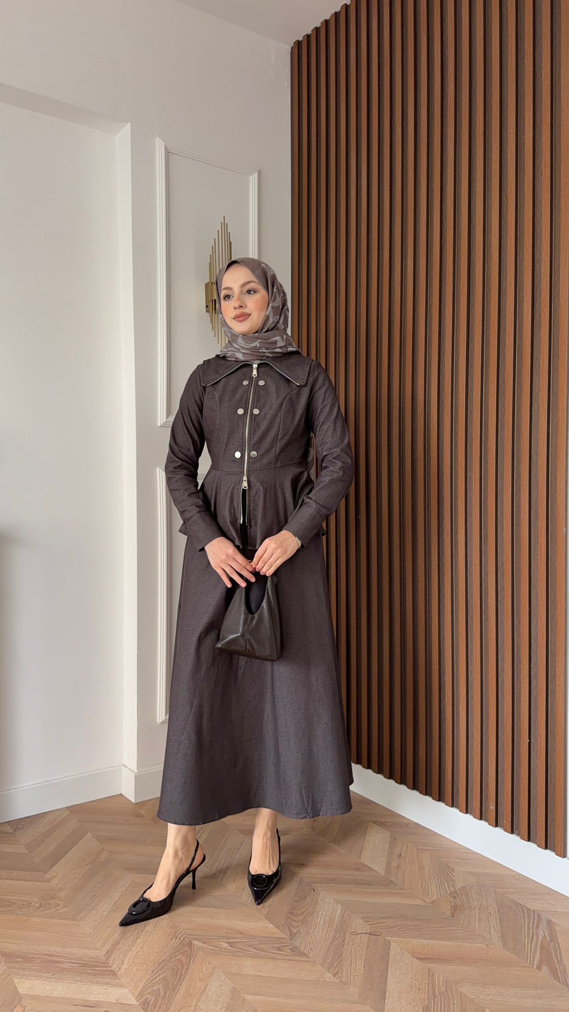 MEYSA SKIRT SETS Zımbalı Fermuarlı Denim Etekli Takım Acı Kahve