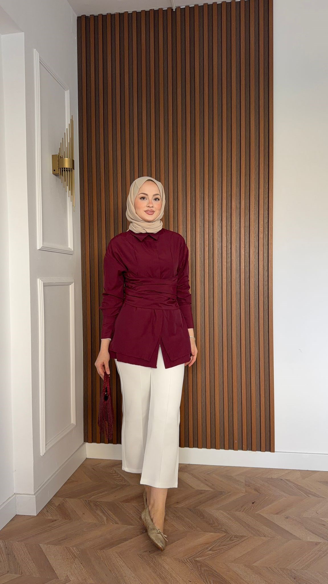 MEYSA SHIRTS Zoya Bel Korseli Poplin Gömlek Bordo