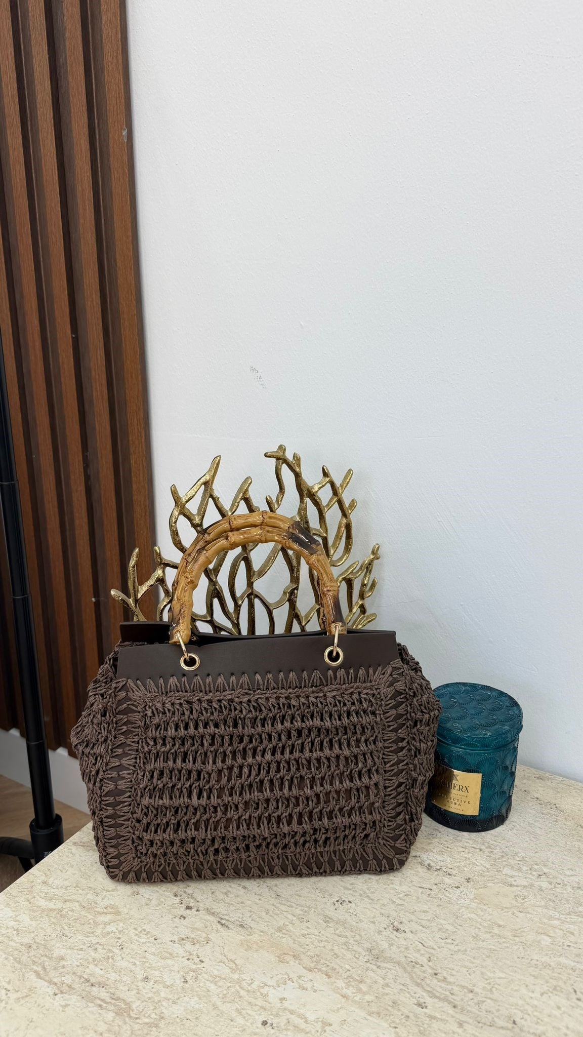 MEYSA HASIR ÇANTA Bambu Saplı Hasır Çanta Acı Kahve - CNT1115