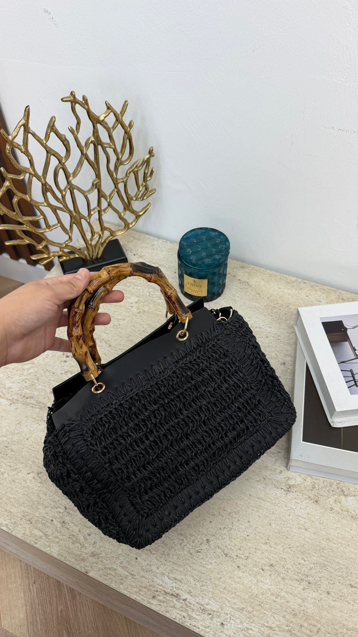 MEYSA HASIR ÇANTA Bambu Saplı Hasır Çanta Siyah - CNT1115