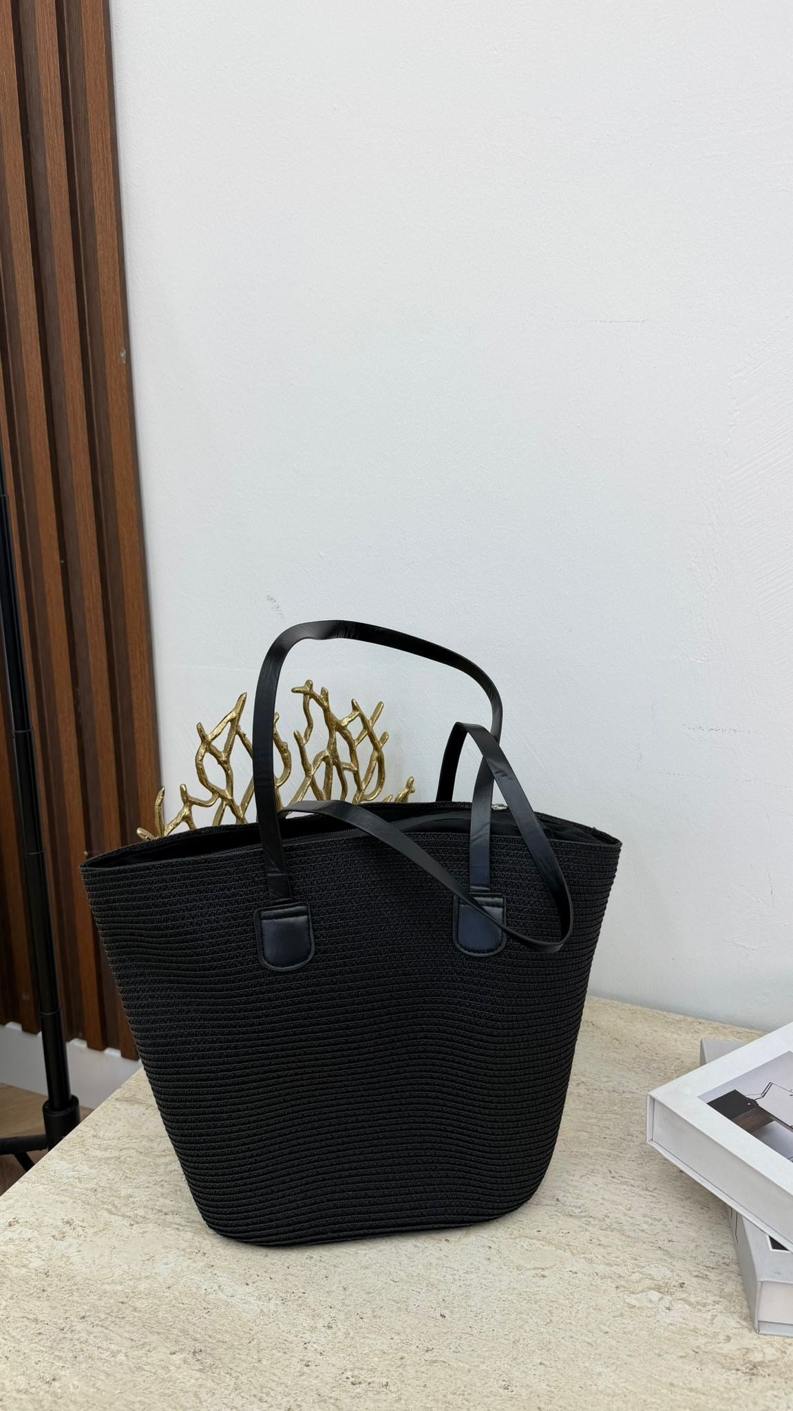 MEYSA HASIR ÇANTA Klasik Siyah Deri Kulplu Hasır Çanta Siyah - CNT2005