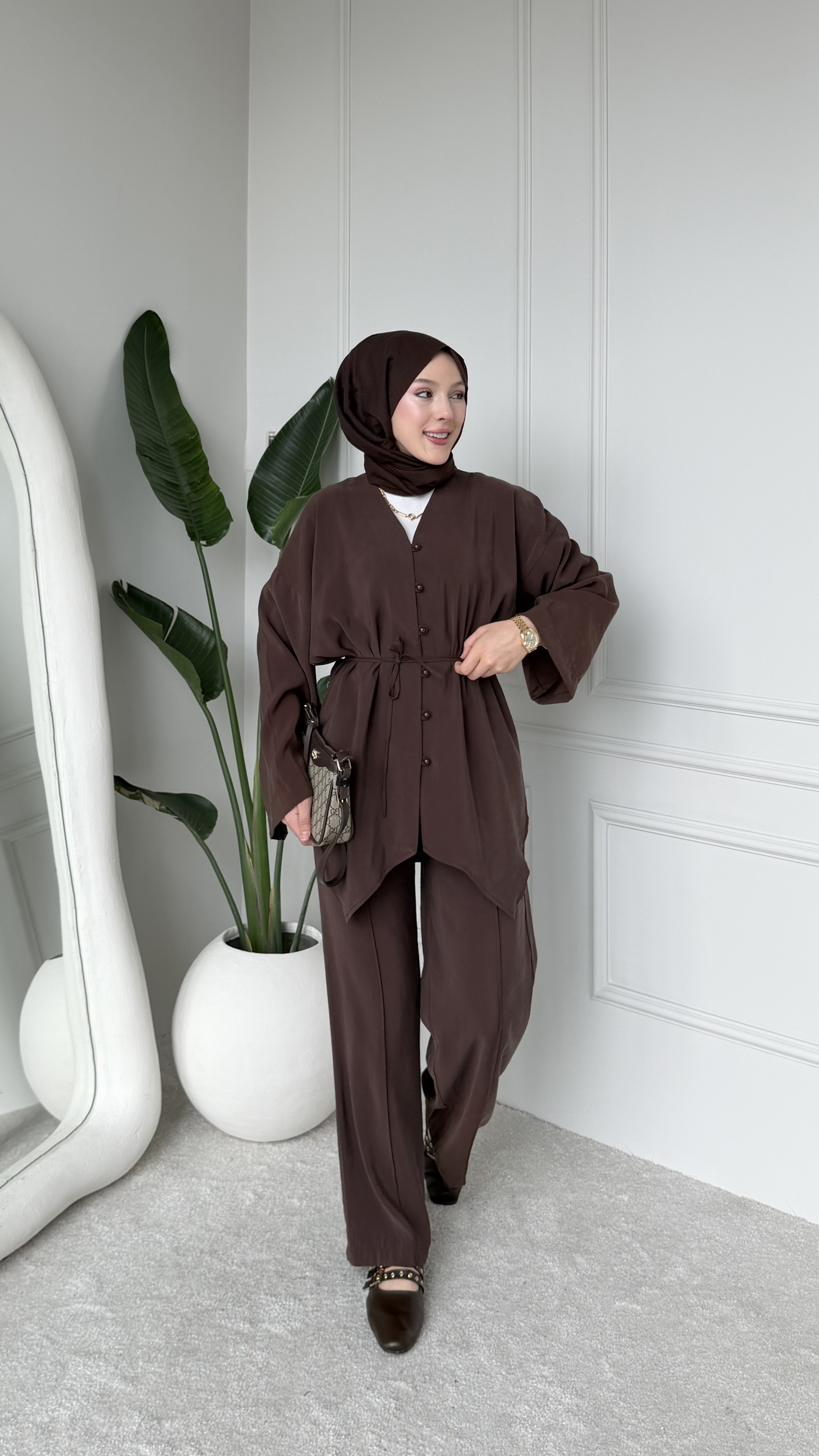 MEYSA TROUSER SETS Amanda Krep Pantolonlu Takım Acı Kahve