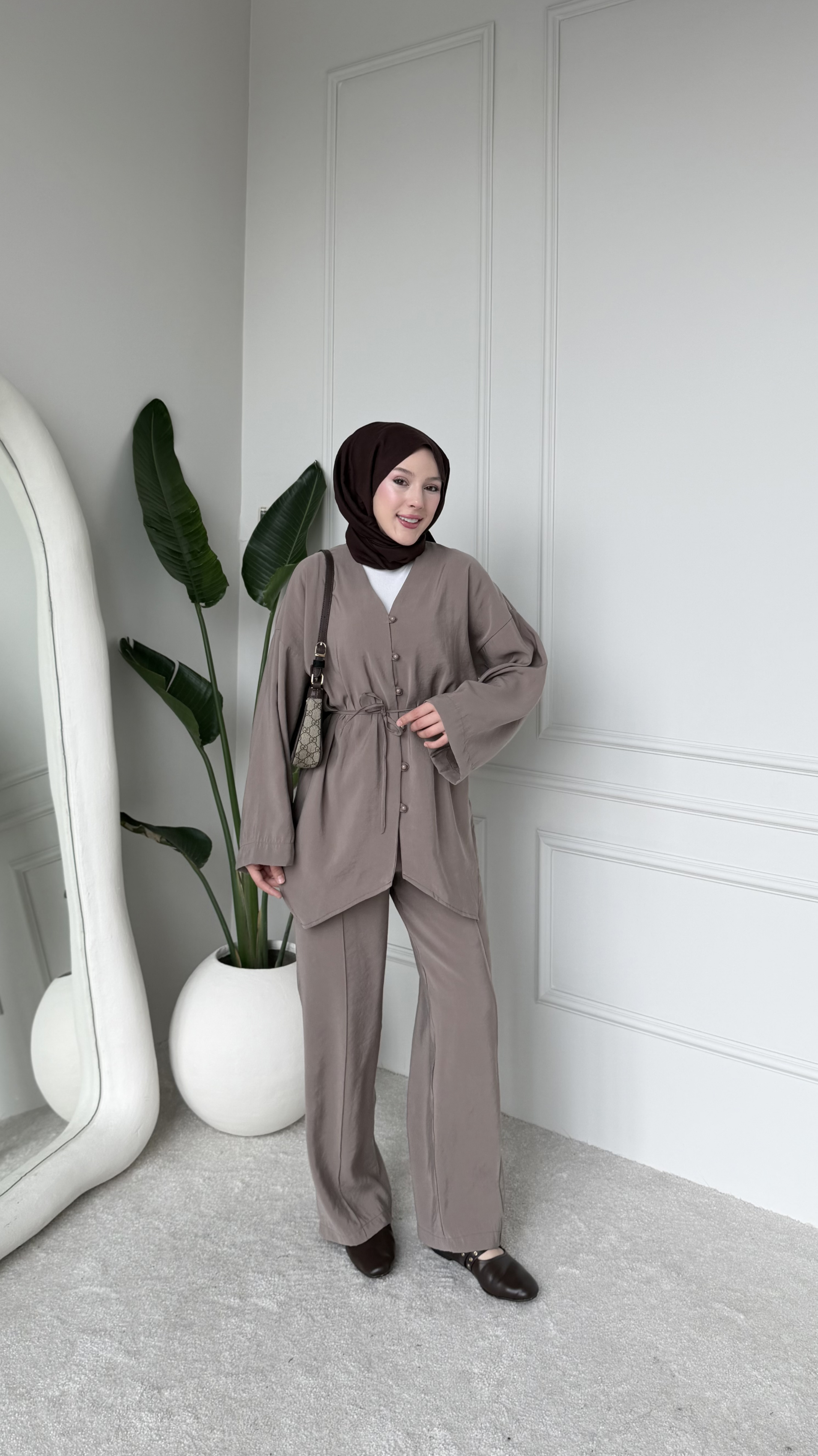 MEYSA TROUSER SETS Amanda Krep Pantolonlu Takım Vizon