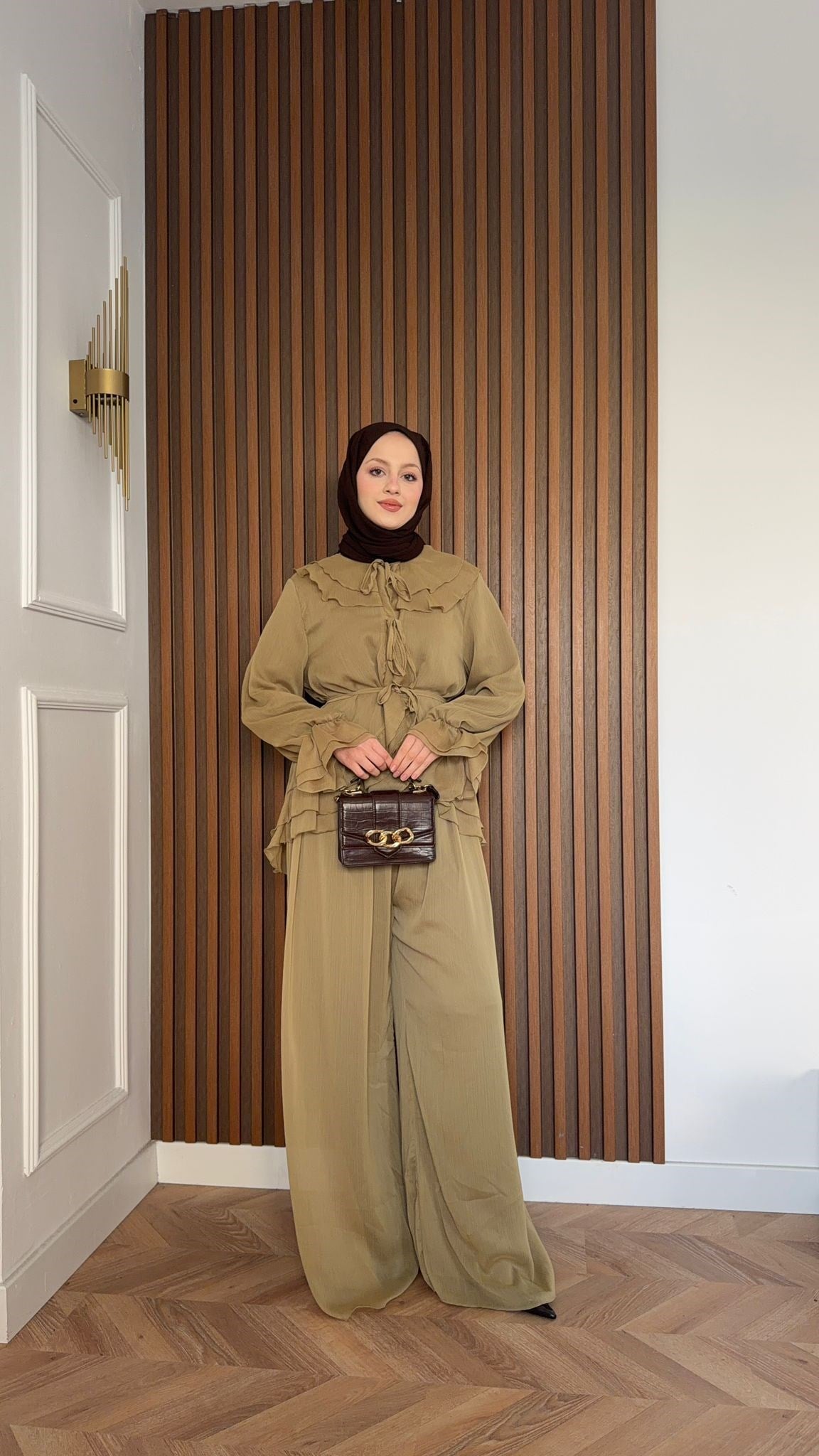 MEYSA TROUSER SETS Aslı Şifon Fırfırlı İkili Takım Yağ Yeşili