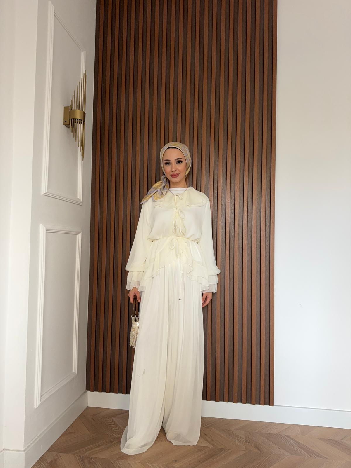 MEYSA TROUSER SETS Aslı Şifon Fırfırlı İkili Takım Ekru