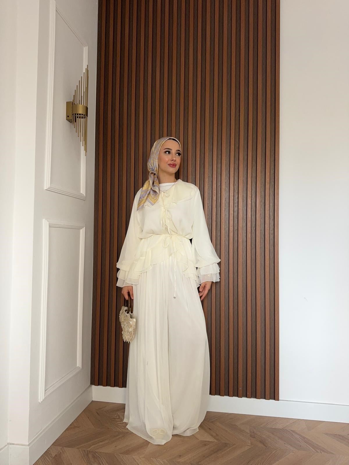MEYSA PANTOLON TAKIM Aslı Şifon Fırfırlı İkili Takım Ekru