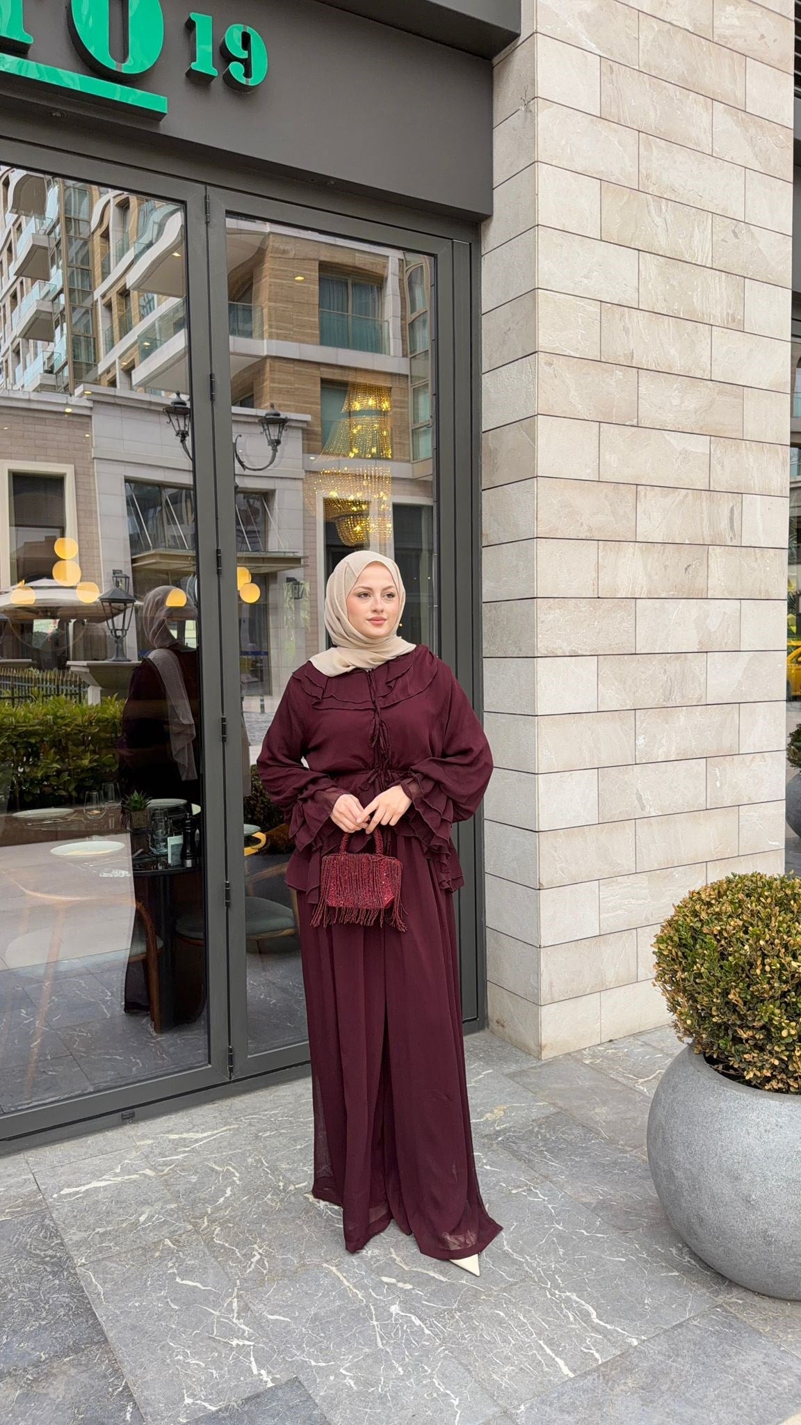 MEYSA PANTOLON TAKIM Aslı Şifon Fırfırlı İkili Takım Bordo