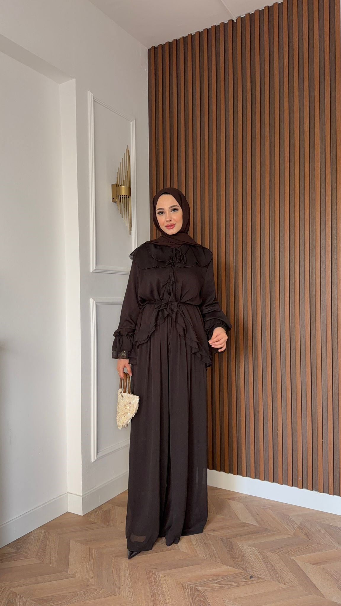 MEYSA PANTOLON TAKIM Aslı Şifon Fırfırlı İkili Takım Acı Kahve