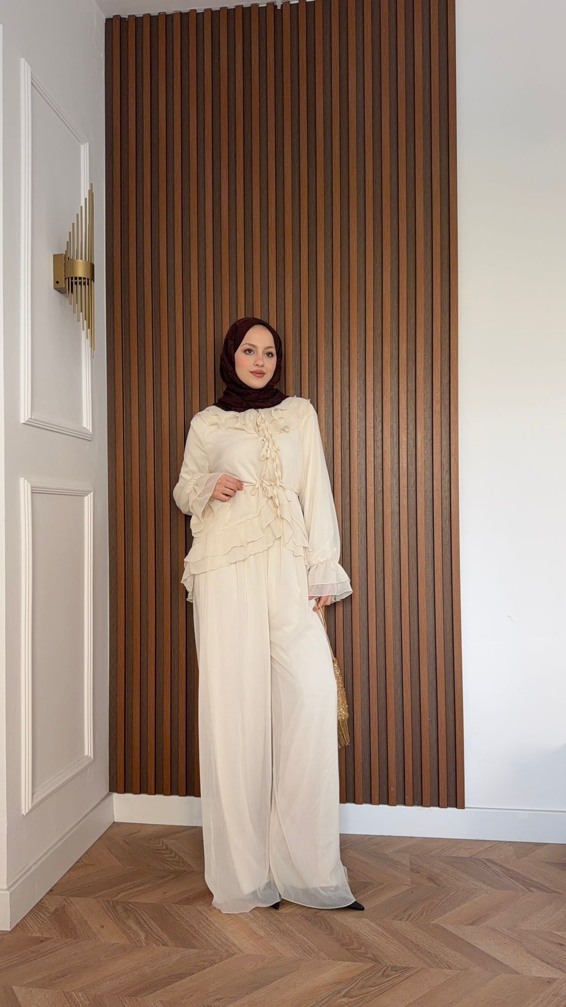 MEYSA TROUSER SETS Aslı Şifon Fırfırlı İkili Takım Krem