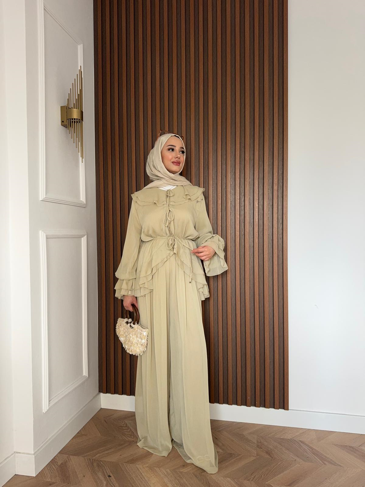 MEYSA TROUSER SETS Aslı Şifon Fırfırlı İkili Takım Butter Yellow